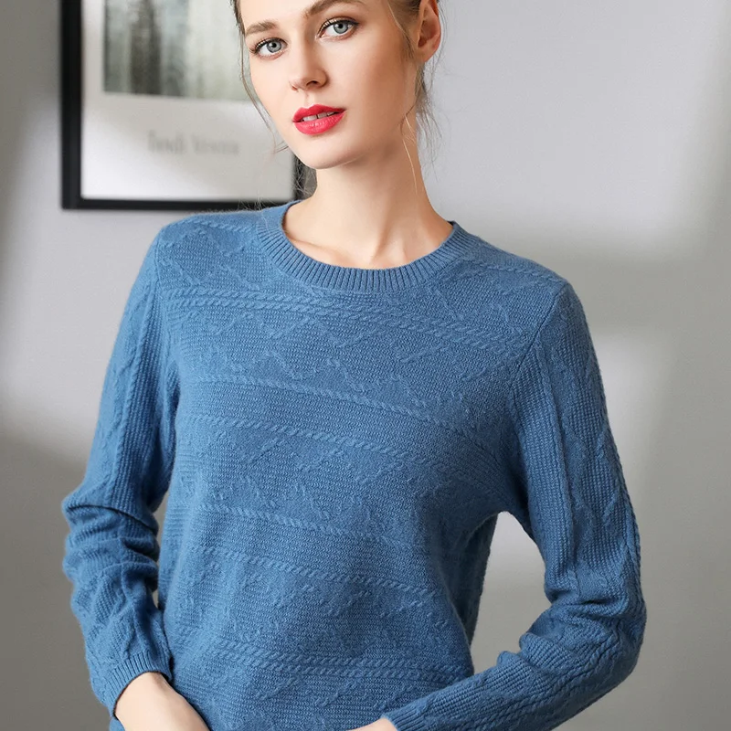 
2021OEM ODM Fall Winter Pullover O Neck Women 100% Cashmere Basic Hand Knit Sweater 