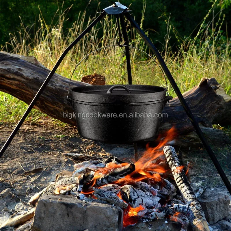 Pre-Seasoned 7 Piece Heavy Duty Cast Iron Dutch Oven Camping Cooking Set with Vintage Carrying Storage Box