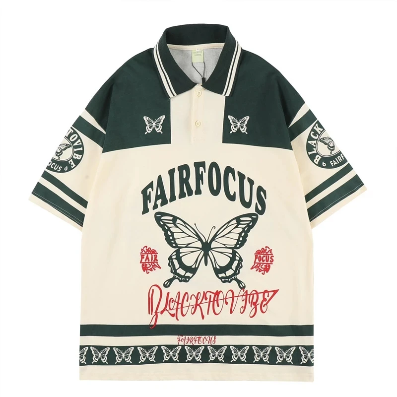 2022 Men Hip Hop Streetwear Polo T-Shirt Butterfly Graphic Print Korean Tops Summer Harajuku Oversized Shirts