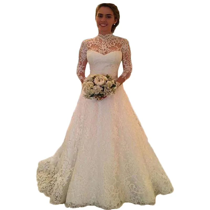 Wholesale women girl lady Wedding dresses long sleeve lace sheer dress bridal gown