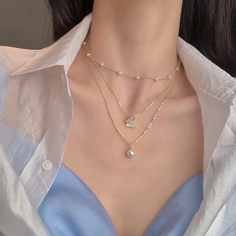 Hot Selling Multilayered Necklaces Shiny Pearl Light Luxury Butterfly Adjustable Necklaces Women Girls