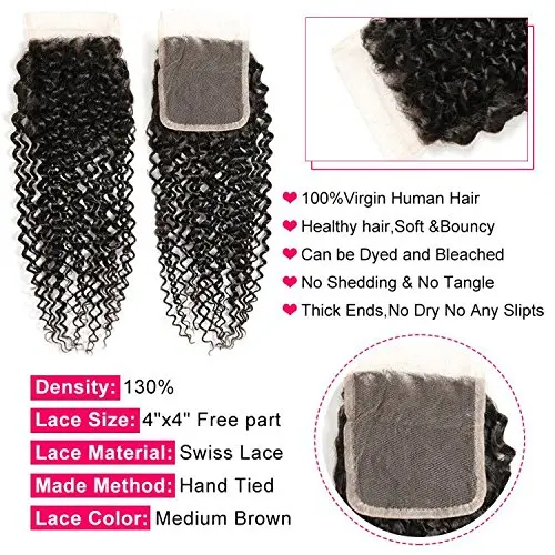 10A Kinky Curly Weave Real Human Hair Bundles with Closure Brazilian Curly 100% Unprocessed 12a Pack Hair 3 Bundles with Closure
