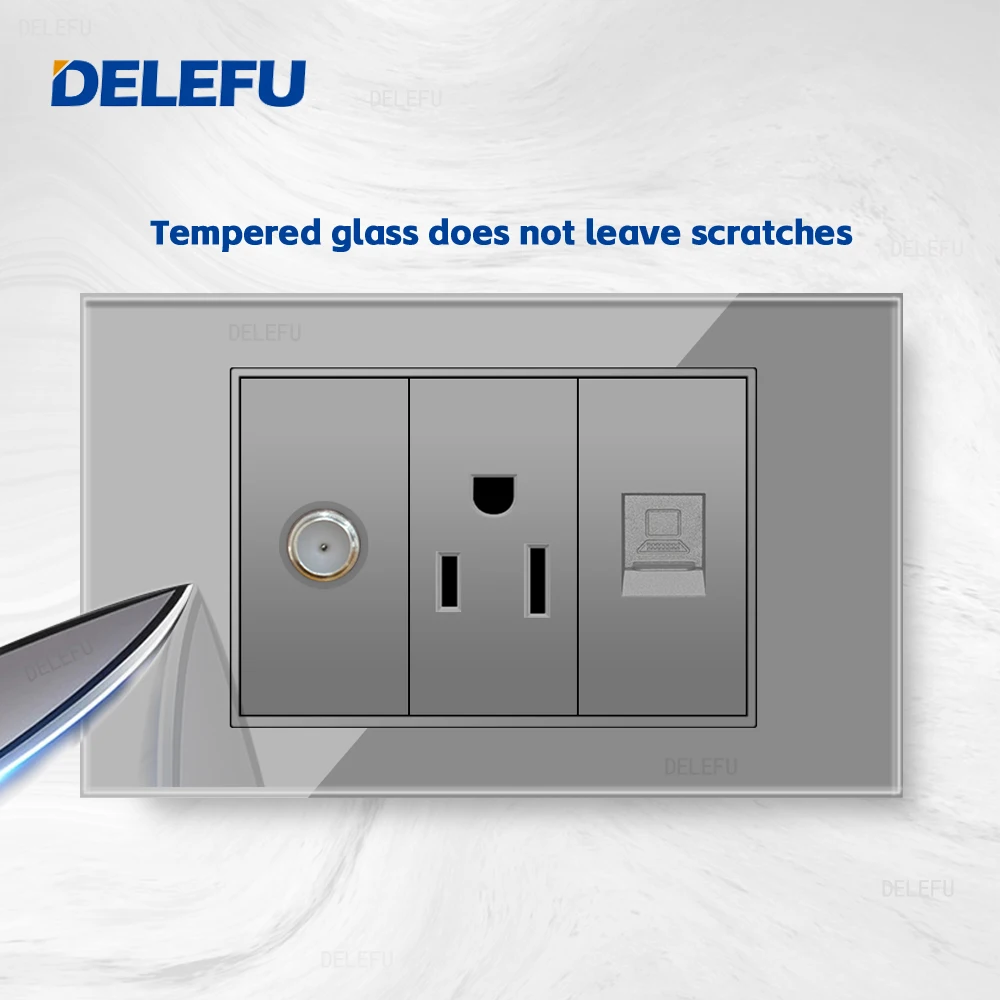 DELEFU glass grey panel American Standard series 118*74mm wall computer combination socket switch