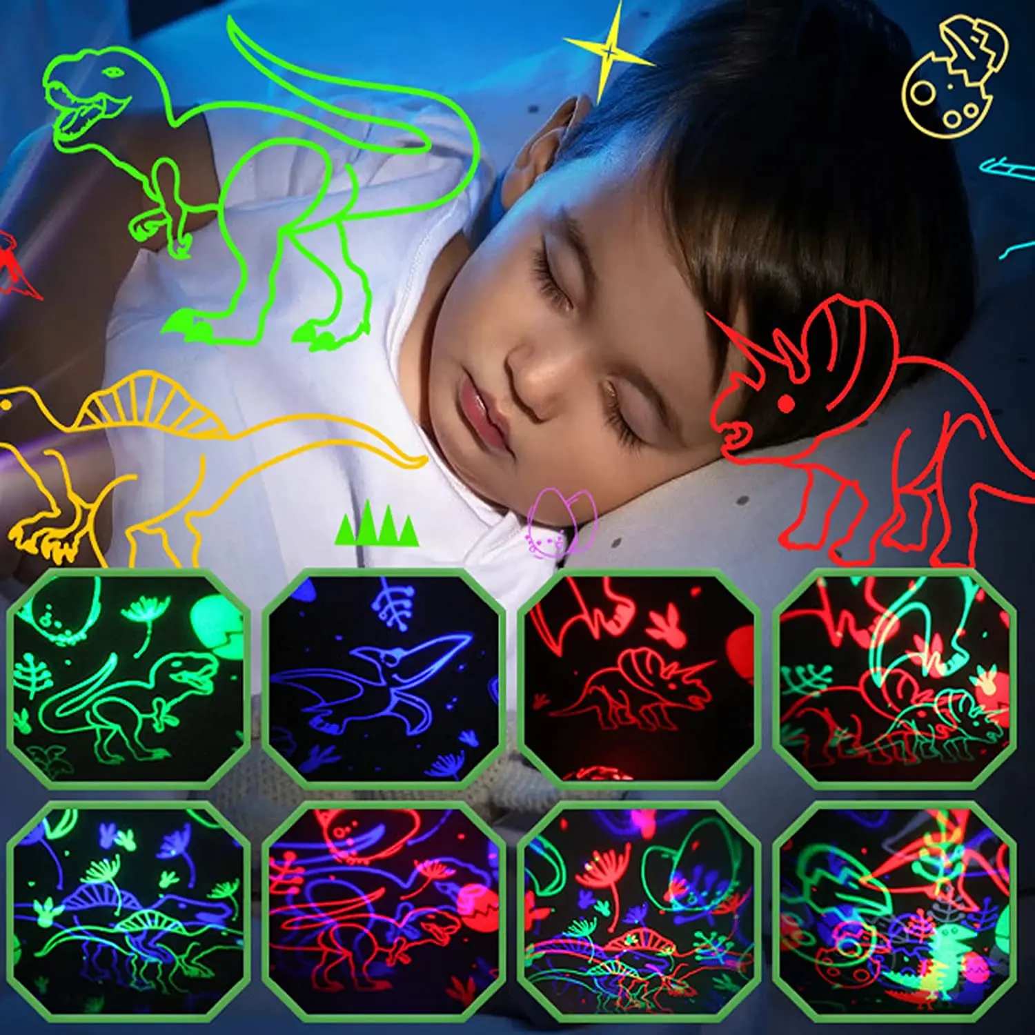 360 Degree Rotation Kids Night Light Dinosaur and Cars Projector, 4 LED Bulbs 9 Light Color Changing with USB Cable