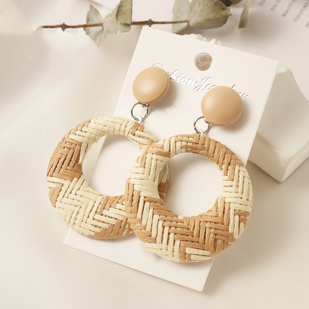 
Handmade Bohemian Wooden Rattan Wicker Straw Drop Earrings for Women Girls Vintage Geometric Statement Earrings piercing brincos 