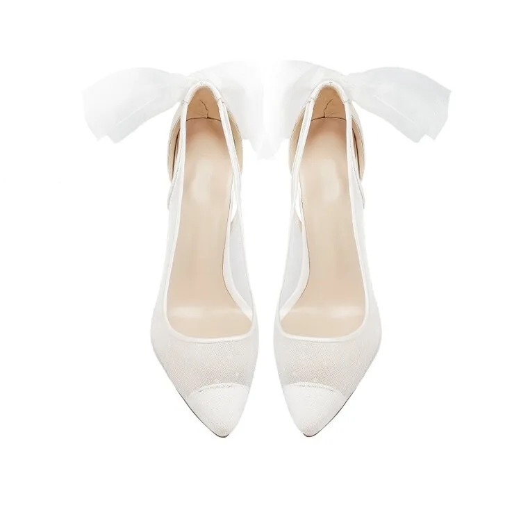 White mesh silk piping embroidery women wedding shoes bridal shoes with back bowknot chaussures de mariée