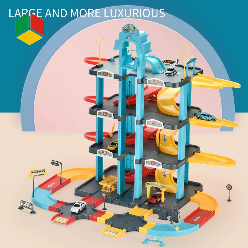 QS High Quality Boy Game Play Against Race Track Set Toys Plastic Garage Toy City Music Light Parking Lot Toy With Car Plane