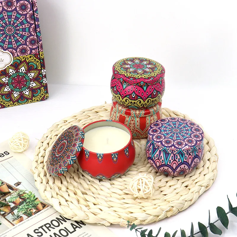 Portable Eco-friendly printed round metal travel tin soy candles with customized box