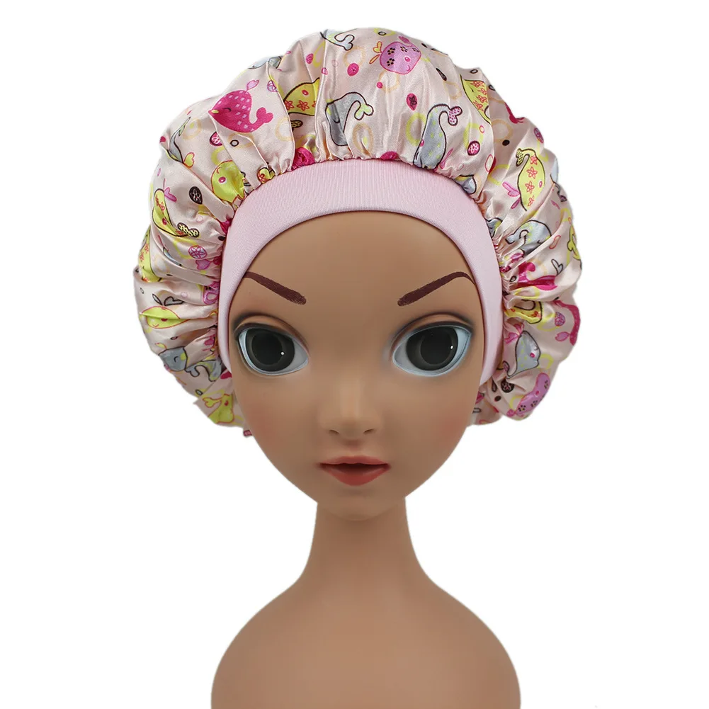 Quality Satin Printed  Hair Sleeping Bonnets Braid Kids Bonnets Kids child Satin Bonnets