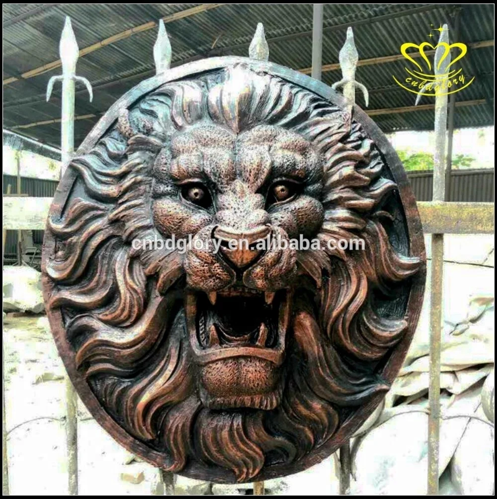 Outdoor garden Wall art Hanging ornament metal crafts Sculpture Gold Bronze Lion Head Statue