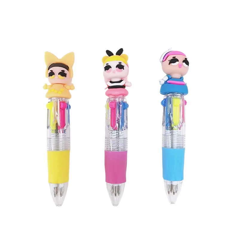 Mini 4 Color Ballpoint Pen Cute Short 4 In 1 Multi Color Pen With Cartoon Pvc Head Top Ball Pen For Kids