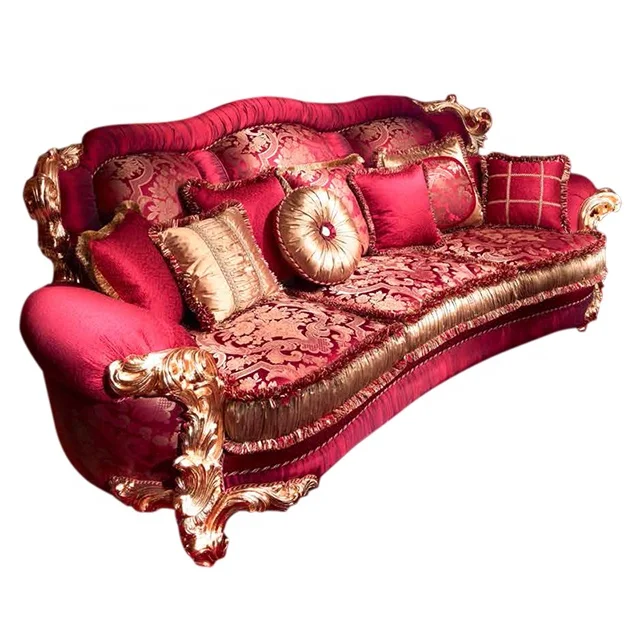 Red Velvet Carved Gold Sitting room Sofas Grand Palace Premium High end Quality Living room Luxurious Arabic majlis sofa set