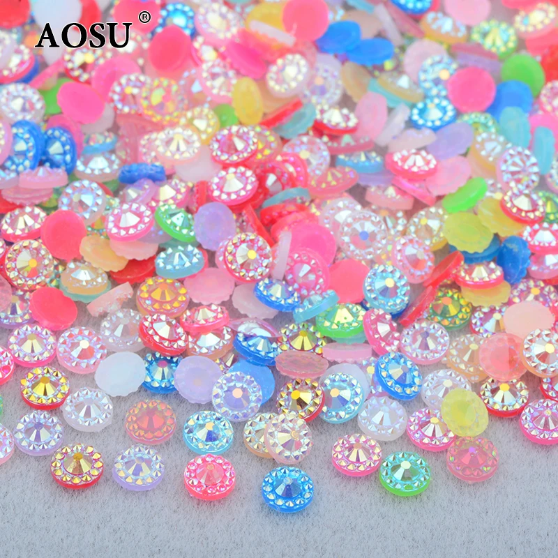 AOSU Wholesale 4mm 5mm 6mm Jelly Red AB Crystals Flatback Round Strass Flower Resin Rhinestone For Dress