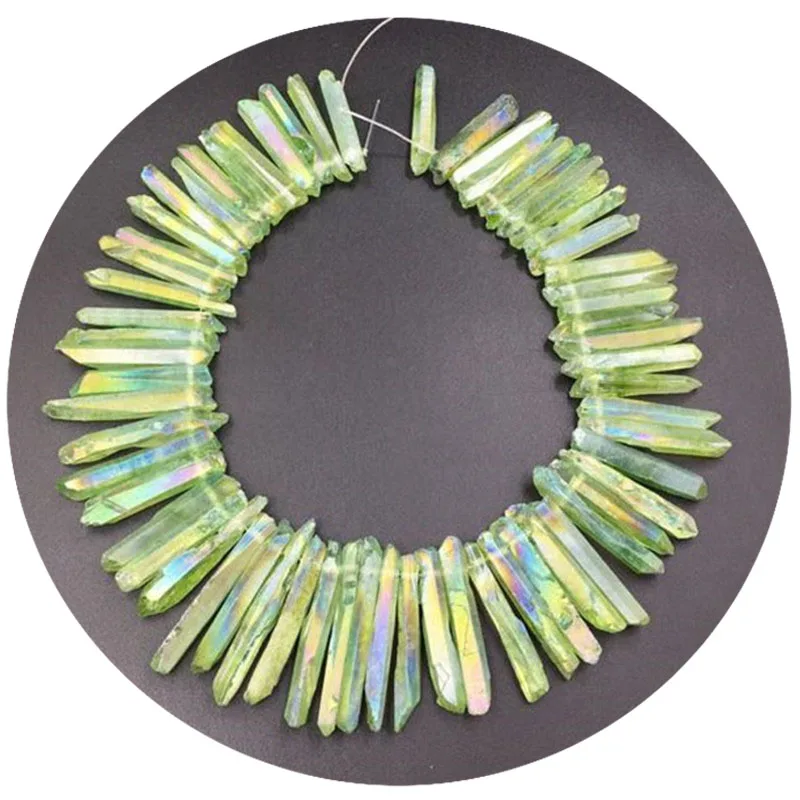 Aura Rainbow Green Quartz Points Crystal Long Point Beads Top Drilled Raw Quartz Rough Crystal Stick Beads 5-8*45-55mm A55