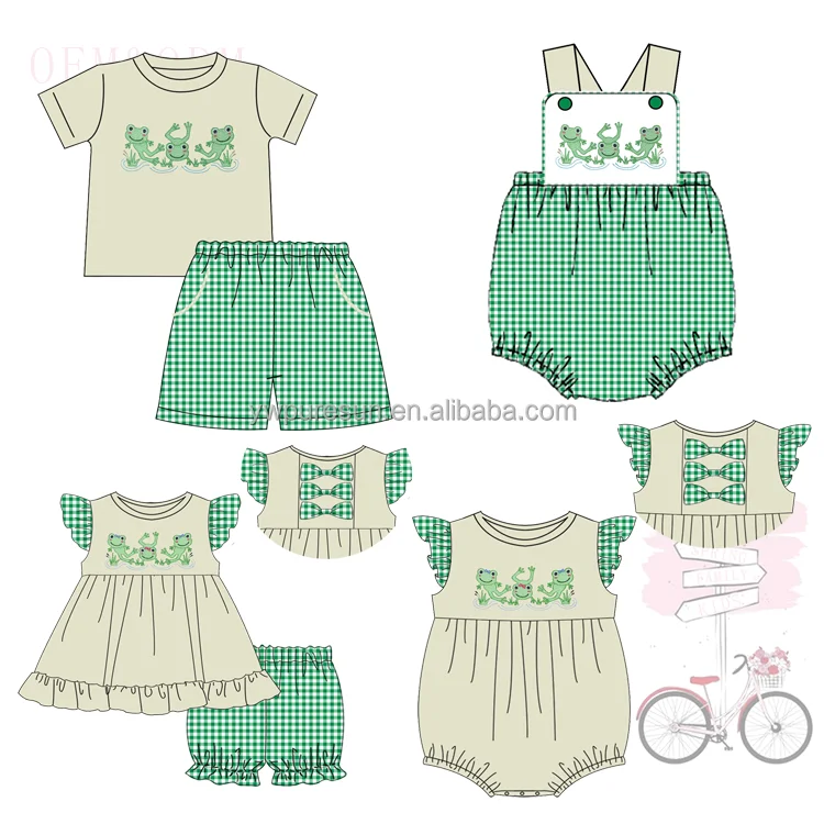Puresun cute spring back bows frog designs flutter sleeve skirt shirt bloomer short set children wear newborn baby clothes