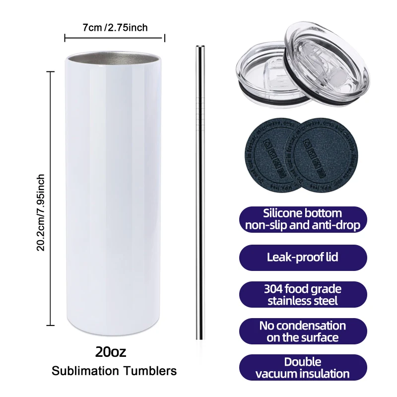 US Warehouse Stainless Steel 20oz Sublimation Tumbler Blank Heat Press Tumblers Straight Shinny Cups With Straw And Rubber