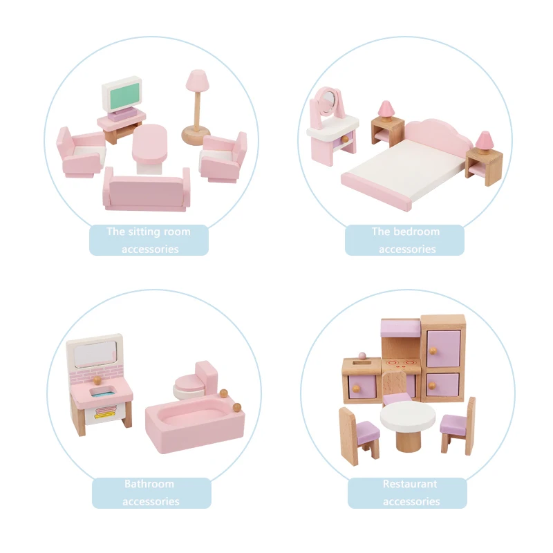 Kids Pretend Play Family Miniature Pink Dolls House Wooden Furnitures Toy Set Children Furniture Sets Bedroom Modern