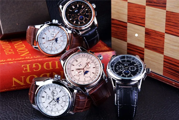 Forsining Moon Phase Shanghai Movement Rose Gold Case Brown Leather Strap Men Watch Top Brand Luxury Automatic Self Wind Watch