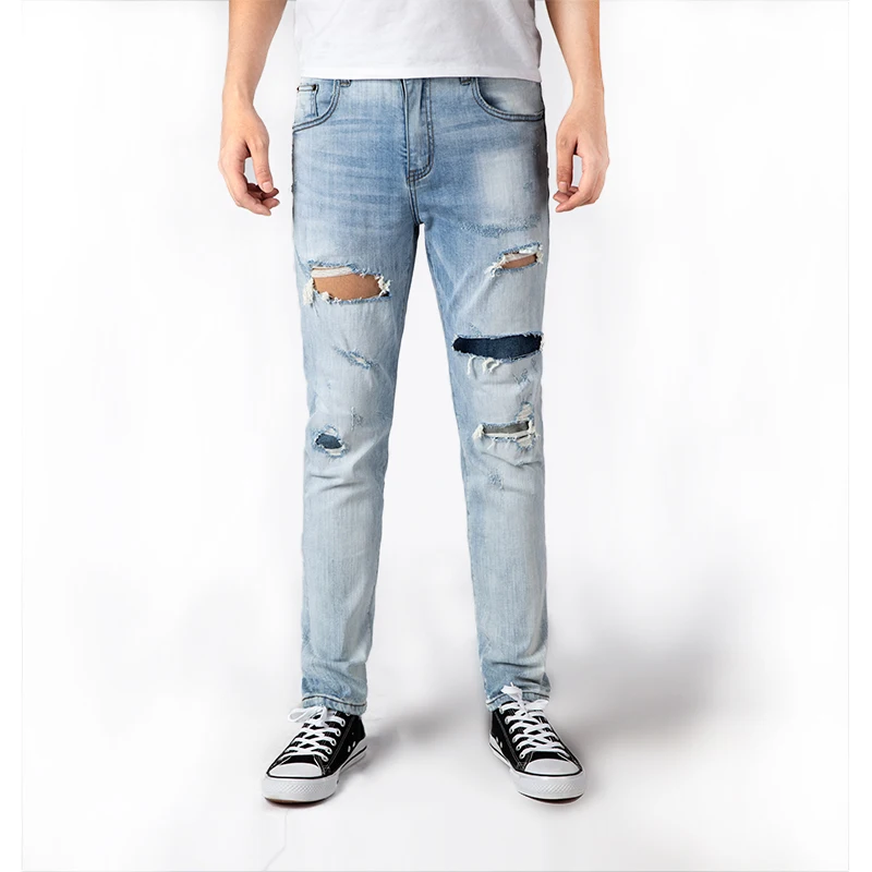 2020 stock jeans original denim jeans manufacturer blue aged wash slim fit button fly ripped biker jeans men with cheap price