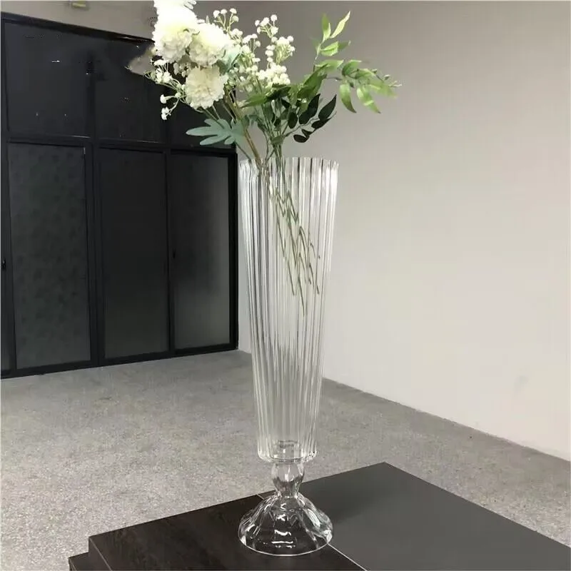 Hot sale 7.87*29.92 inch Cylinder stripping pattern Glass Vase Clear Crystal Tall Vase Wedding Centerpiece flower arrangement