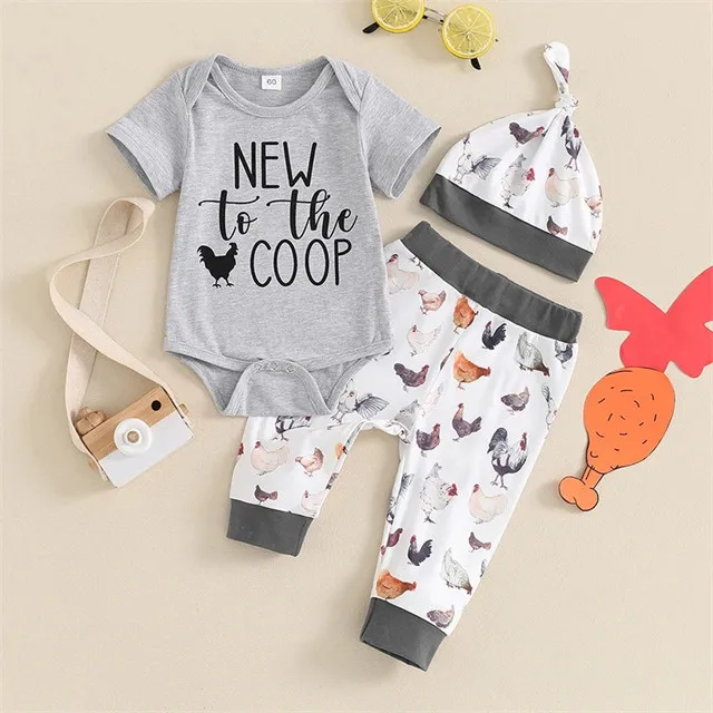 Farm Toddler Infant Outfits New to the COOP letter Rompers Rooster Hen Long Pants Hat 3Pcs Baby Clothes Set