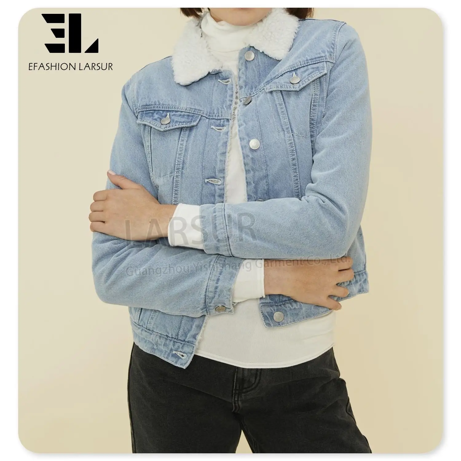 LARSUR xintang guangzhou denim jeans jacket factory manufacturer custom winter sherpa fur denim jacket for women jeans jackets