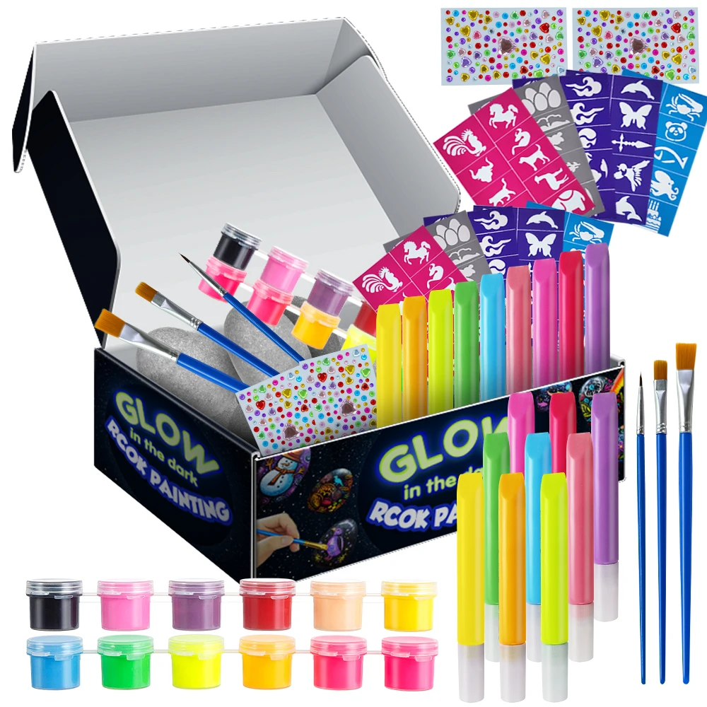 KHY Eco Friendly Kids Set UV Fluorescent For Plastic Neon Acrylic Paint Glow In The Dark Rock Painting Kit
