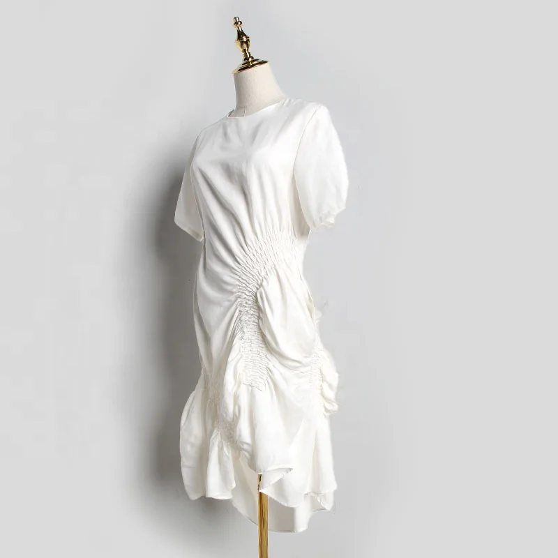 Women Casual Solid White Short Sleeve Wedding Bodycon Pleated Dresses Clothing Lady Elegant Korean Pleated Ruffled Party Dress