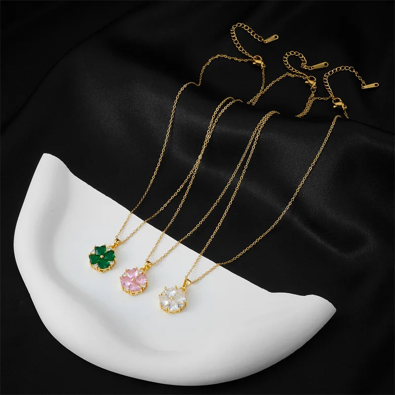 High Quality Four Leaf Clover Pendant Necklace Luxury Bling Crystal Lucky Charm Choker Women Fashion Fine Jewelry Accessories