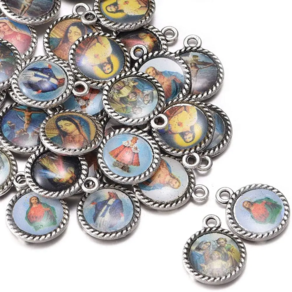100pcs Mix Picture Round Enamel Our Lady Miraculous Medal Floral Rosary Centerpiece Jesus Virgin Mary Catholic Alloy 16mmx13mm