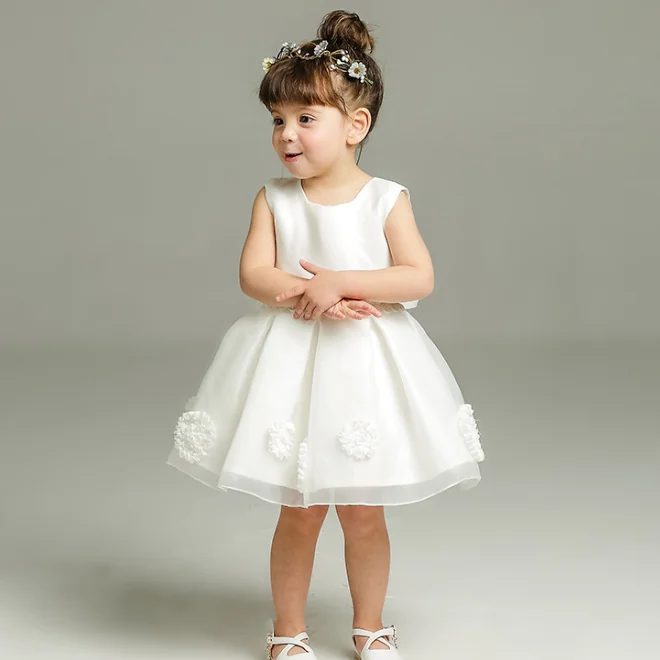 KS7754 Boutique fancy girls princess dress flower appliqued pure white kids wedding party dress