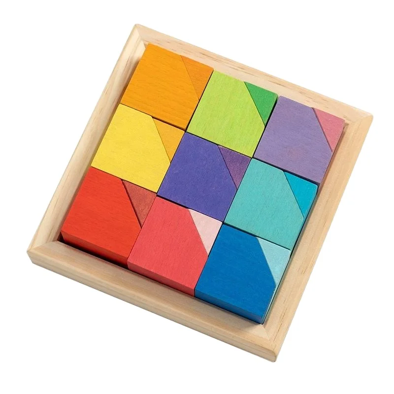 Stackable Creative Polygonal Building Blocks Wooden Rainbow Montessori Kids Geometry Building Blocks Toys