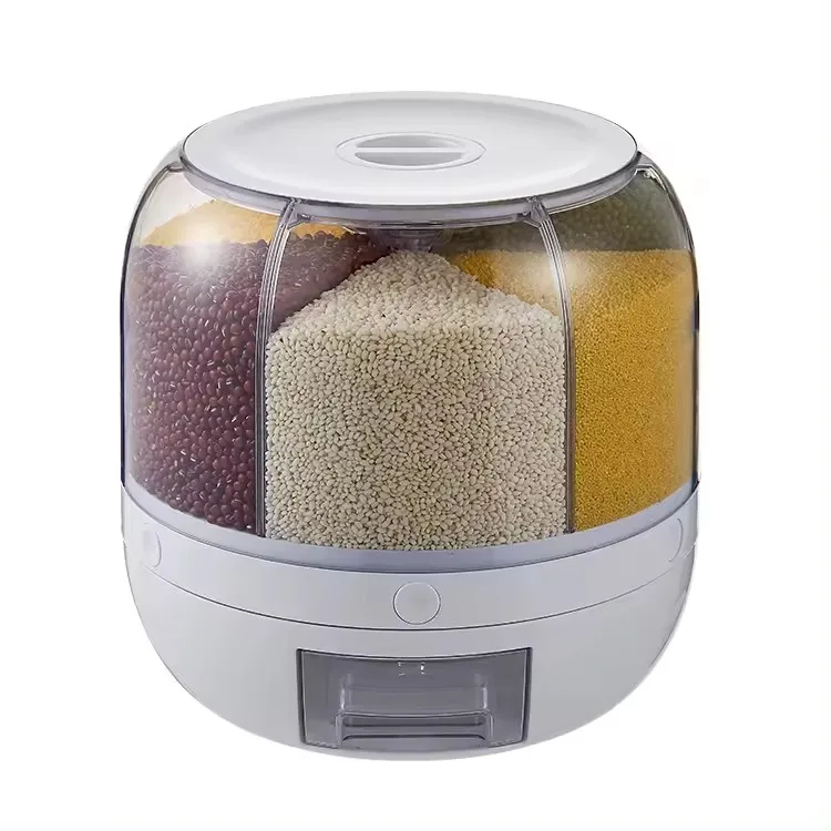 Kitchen Storage Container Box Rotating Dry Food Rice Dispenser 6-grid Rotary Grain Buckets with Lid PC Home Decoration Carton