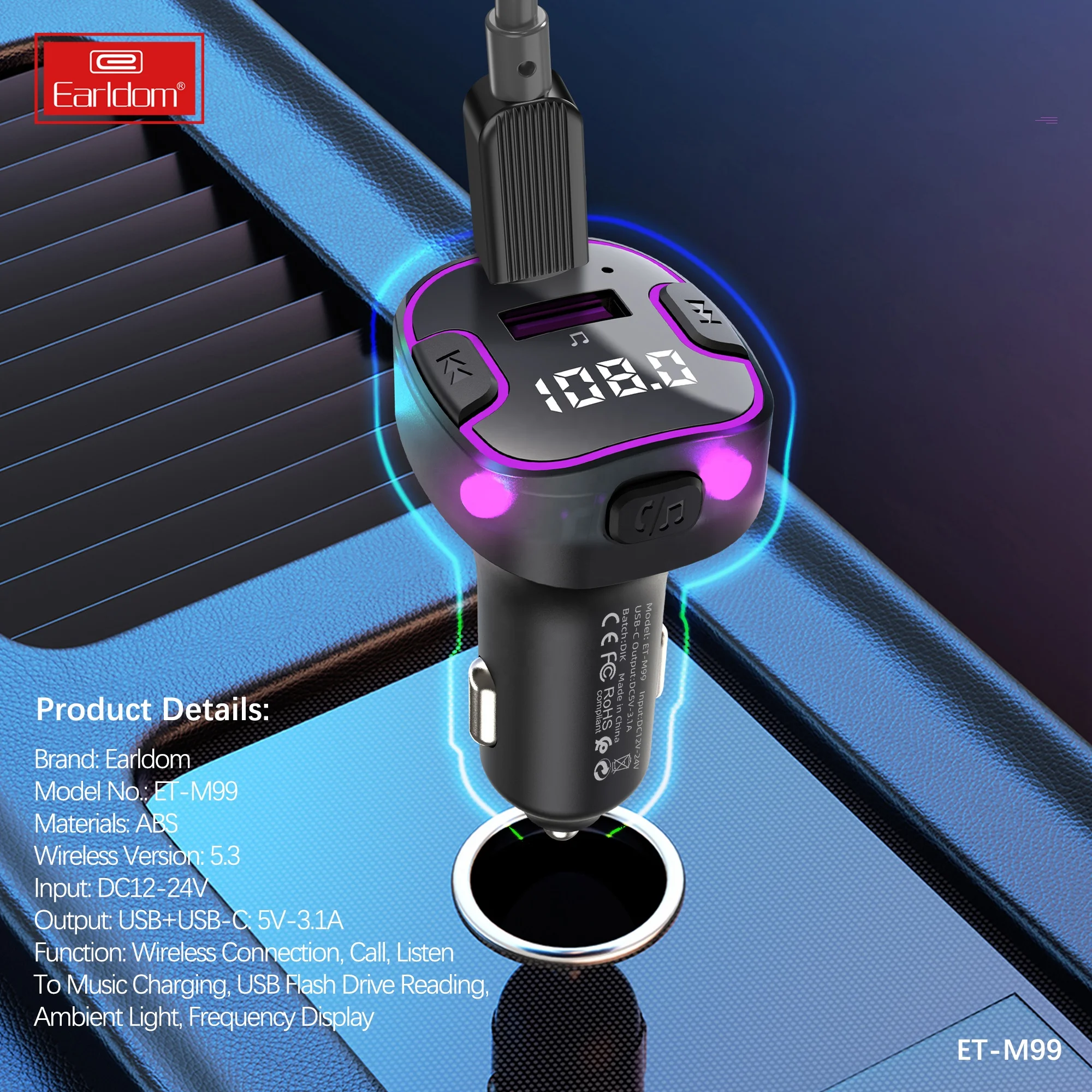 Earldom Car Blue-tooth 5.0 MP3 Player Transmitter Car Phone Charger Blue-tooths Car Kit