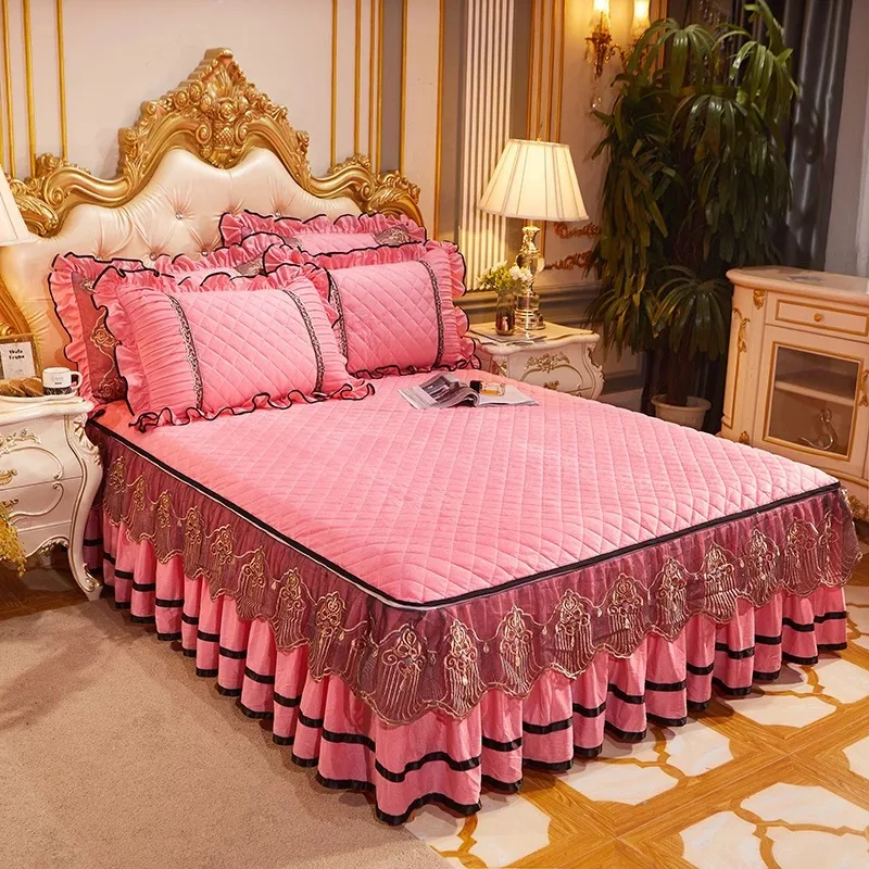 European style crystal velvet lace bed skirt winter warm quilted bedspread bed skirt