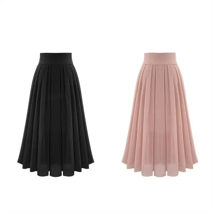 Hot Sell A-line Women Skirt Casual Chiffon Summer Long Skirts For Women Solid Pleated Ladies Skirts