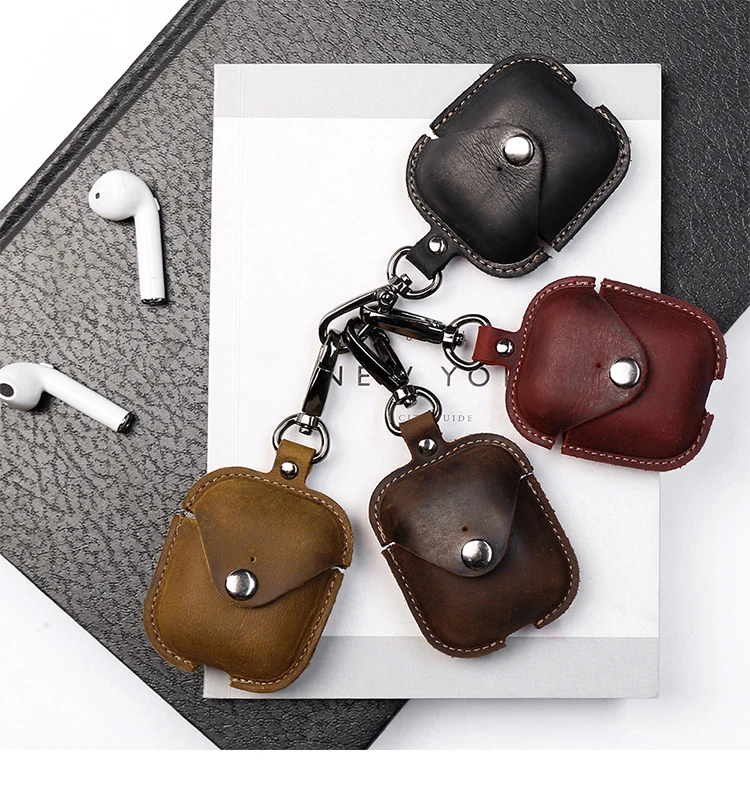 Best Selling Handheld Portable Travel Mini Durable First Layer Cowhide Headphone Storage Bag With Metal Buckle