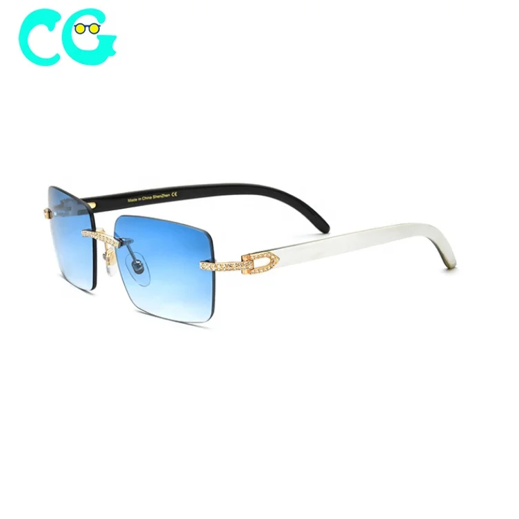 2024 Rhinestone Square Sunglasses Luxury  Fashion Men Rimless Glass Shade Eyewear Buffalo Horn Diamond Carter Sun Glasses 10070