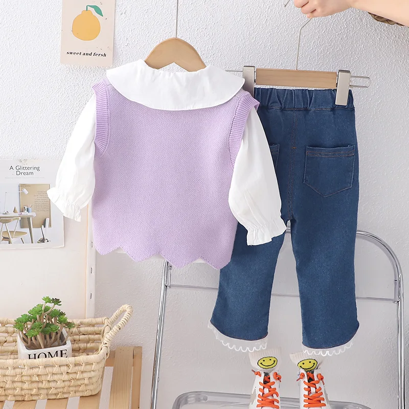 2014 Spring/Autumn New Fashion Pearl Flower Sweater Tank Top Three Piece Set for Girls