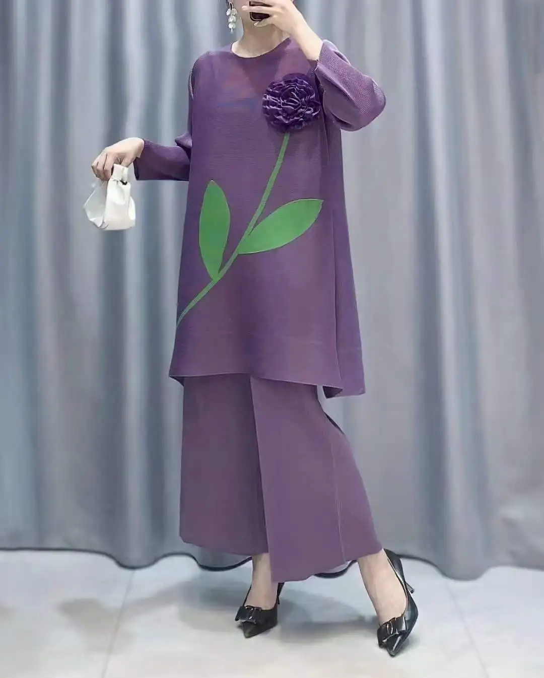 Latest Autumn Floral Print Design Indian Wear Plus Size Straight Miyake Pleated O-Neck  Chiffon Breathable  Two Pieces set