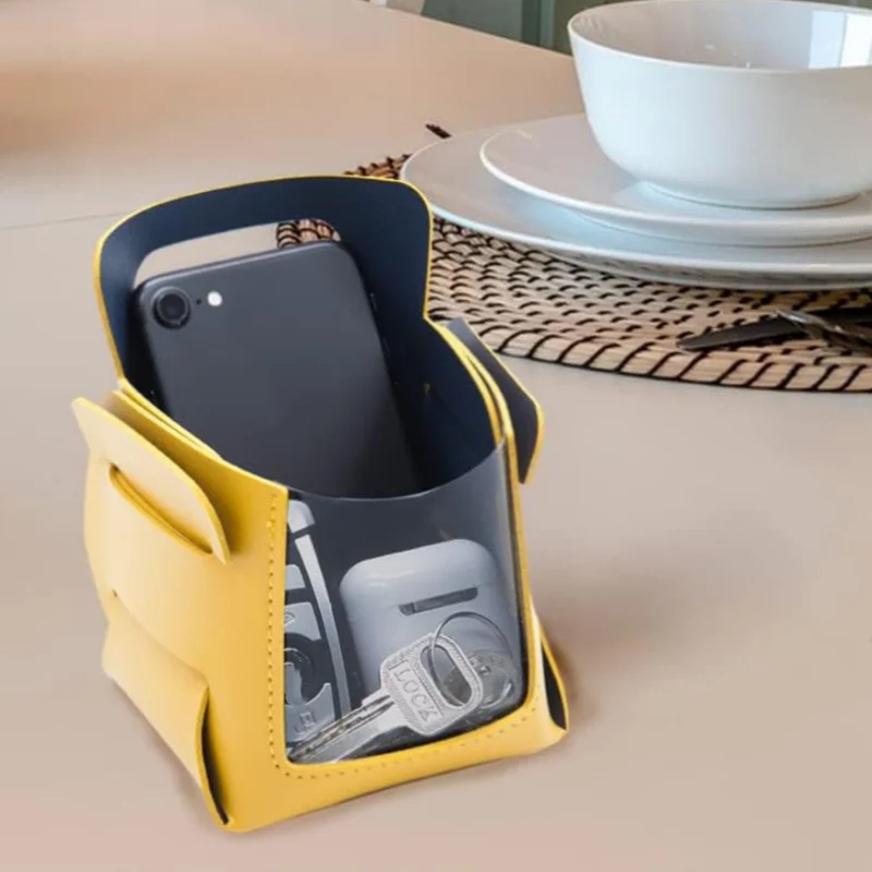 Storage Tray PU Leather Transparent Window Small Decorative Holder Basket Double Side Color Storage Organizer