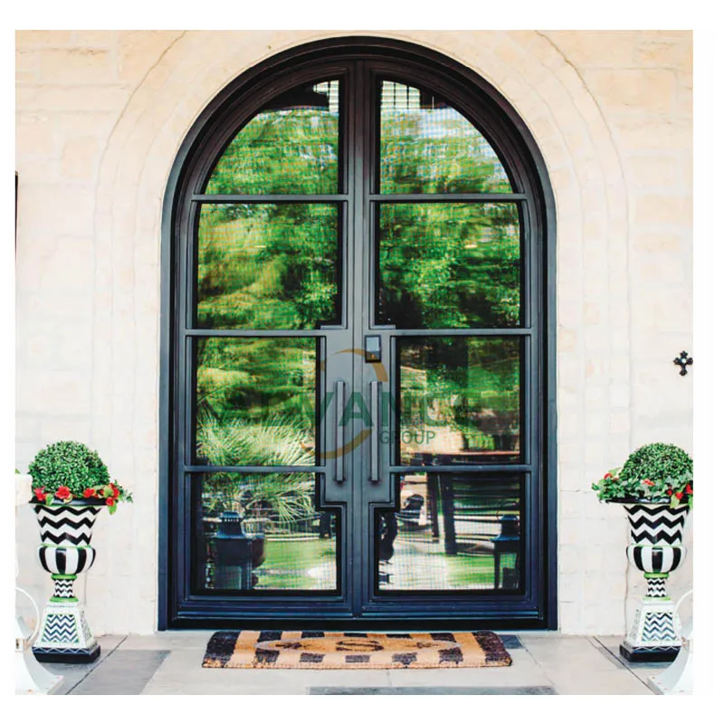 High Quality Exterior Steel Casement matte Black French Door Arch Wrought Glass Door  With grids