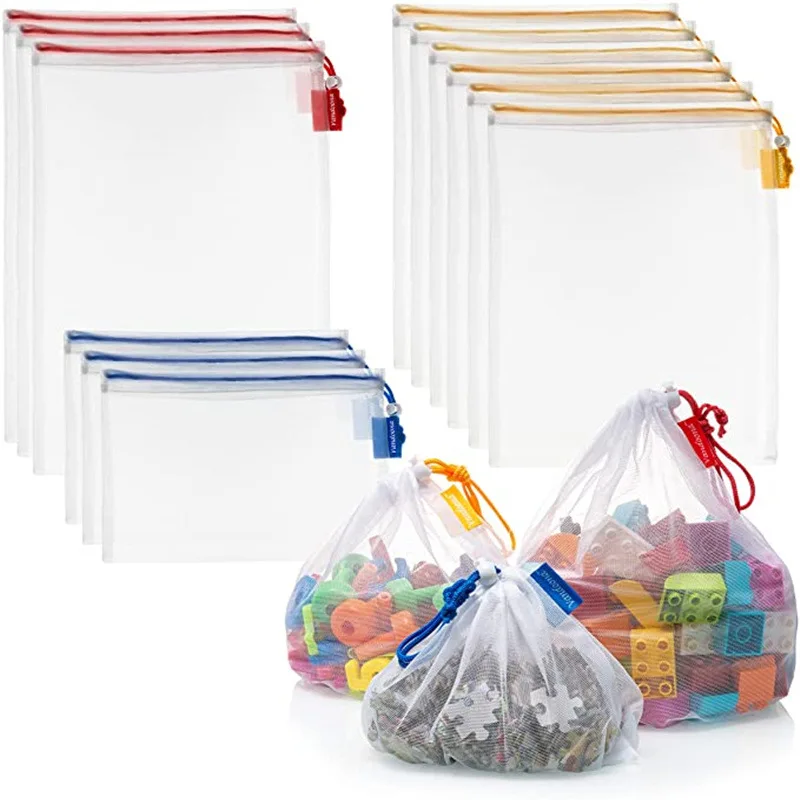 Heavy Duty Reusable Rpet Polyester Produce Barcode Scanable Safe Grocery Shopping Through Food Drawstring Mesh Bags For Fruits
