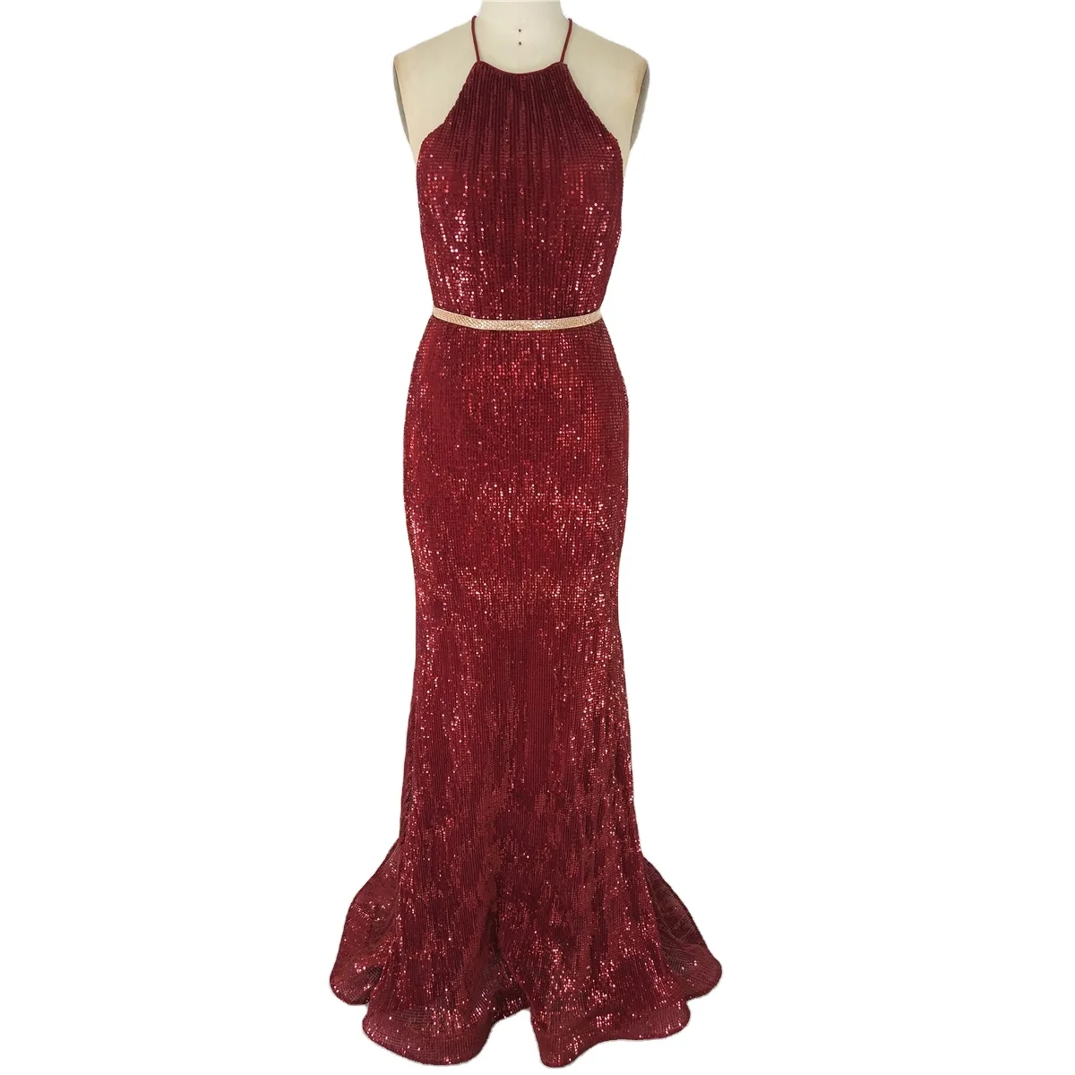 New design Mexican style halter pleated sequin fabric ladies evening dress for party