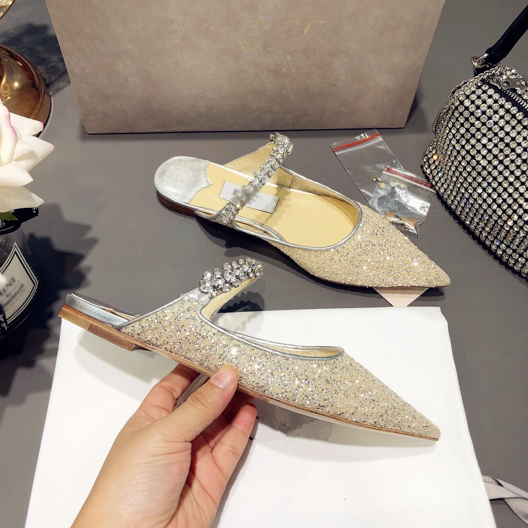 Wholesale designer brand sandal fashion ladies rhinestone flat slipper summer sequins pointed toe sandals for women