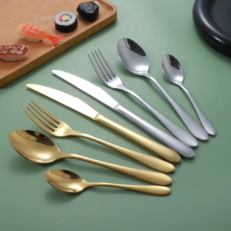 SS430 Cutlery Set Gold Plated Metal Spoon Fork Knife Set Stainless Steel Flatware Sets for Restaurant Hotel