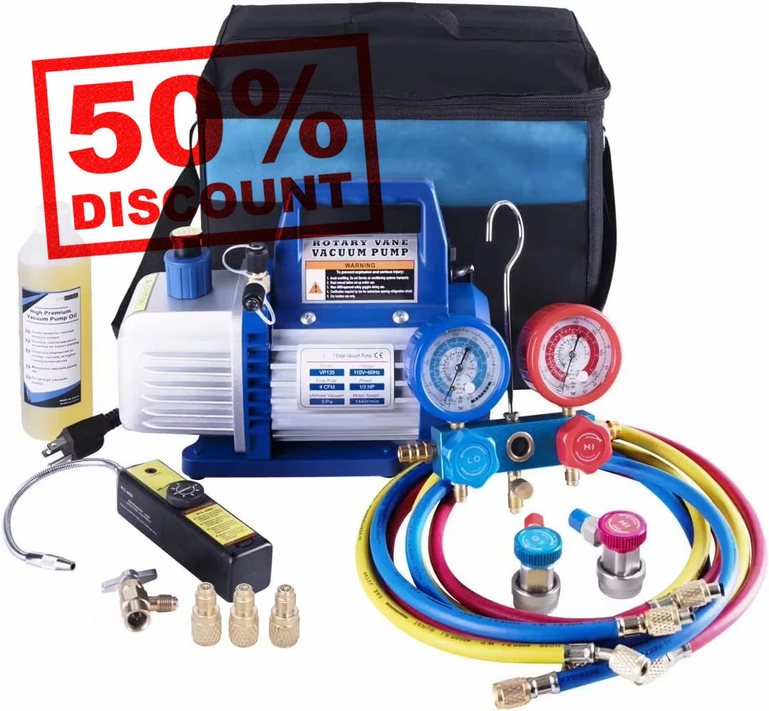 4CFM 1/3HP HVAC Vacuum Pump R134a R12 R22 R410a A/C Refrigeration Set AC Manifold Gauge R134 Can Tap Carrying Tote