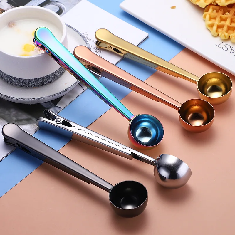 Food Grade 2 in1 Gold Metal 15ML Stainless Steel Milk Powder Tea Coffee Bean Scoop Measure Spoon With Bag Clip