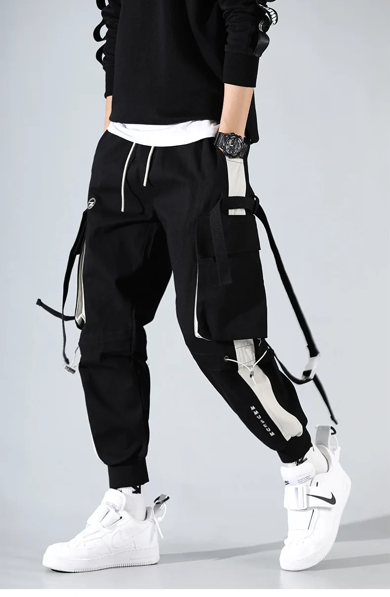 YiXin 2023 Men Cargo Pants Pocket Track Joggers Hip Hop Joggers Male Sweatpants Ribbons Men Cargo Jogger Pants Black Cargo Pants