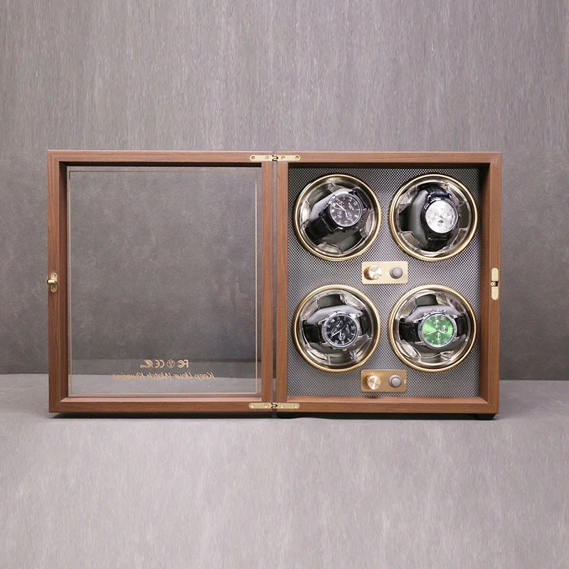 High Quality 4 Slot Automatic Walnut Grain Watch Winder Wood Paper Storage Blue Light Control Made Smart Watches Packaging Case